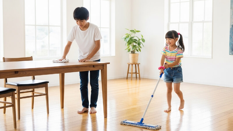 みんなで協力して掃除している様子